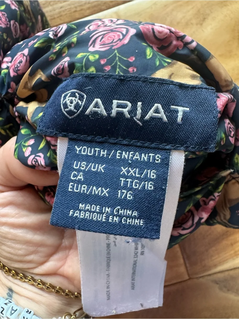 Ariat Girls Navy Horse & Rose Print Quilted Vest with Maroon Trim reversible